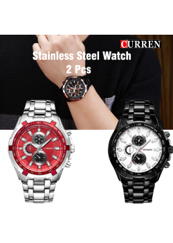 2 Pcs Curren Stainless Steel Watch For Men,8023,Silver red